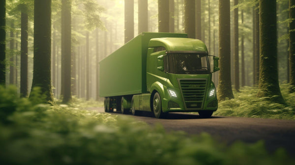 Eco-Friendly Journey: A green Truck Drives Through the Lush Green Hills and Forests, Symbolizing Sustainable Transportation Amidst Nature's Beauty