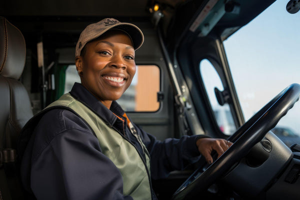 female middle aged african american truck driver sitting in her truck