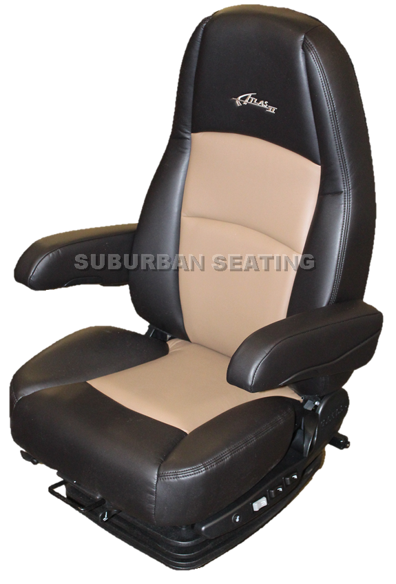 Sears Atlas II DLX Truck Seat in Black & Tan Ultra-leather with Heat, Massage & Dual Arms