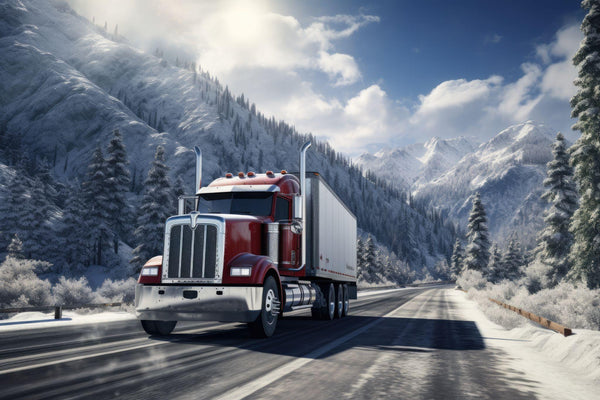 A semi truck driving down a snowy road.