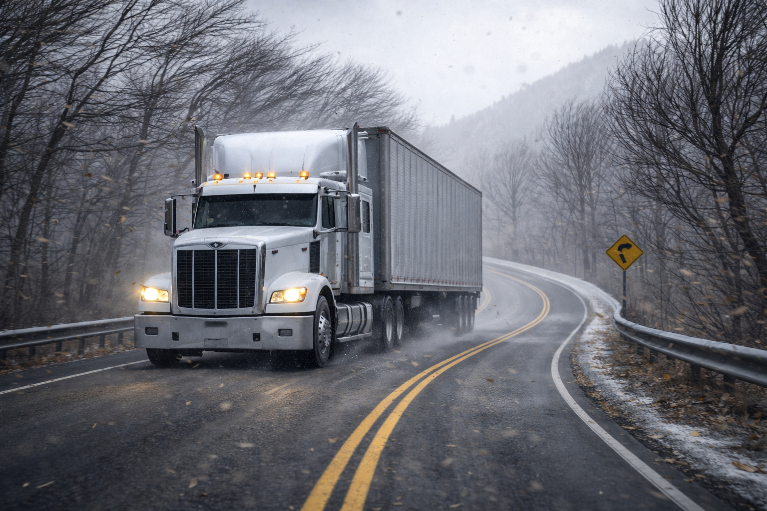 A semi truck driving in high winds