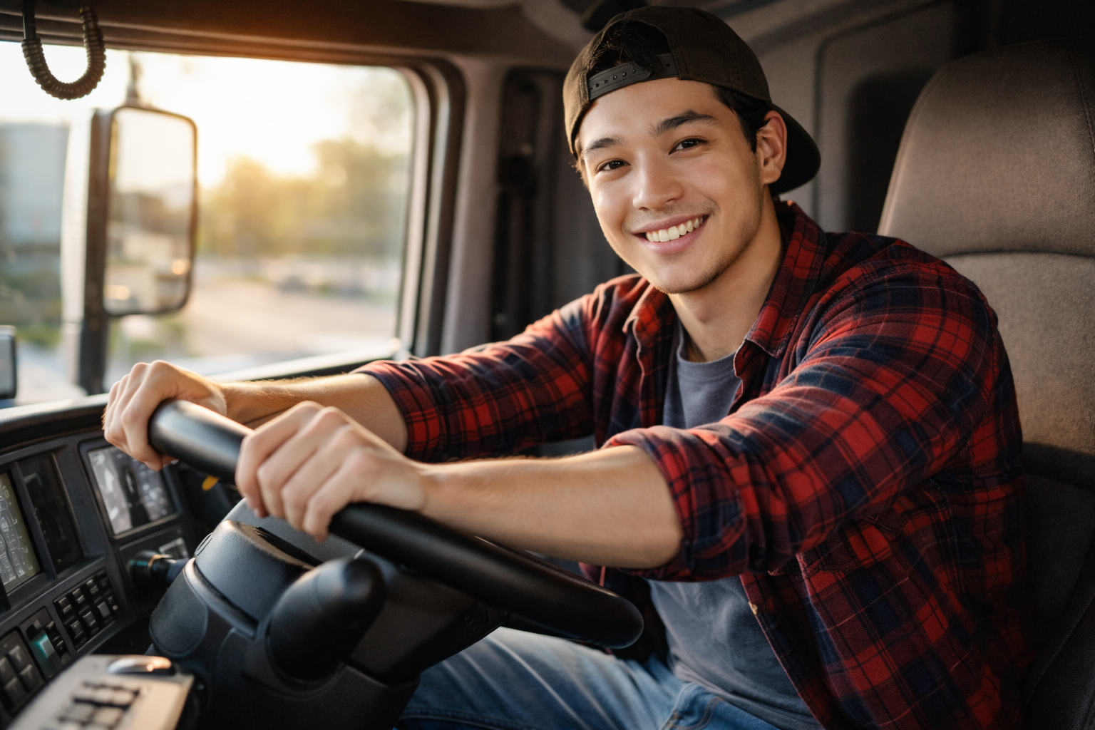 A young man driving a truck