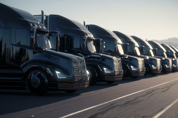 Big rigs semi trucks standing in row on truck stop parking lot on twilight with turn on headlight