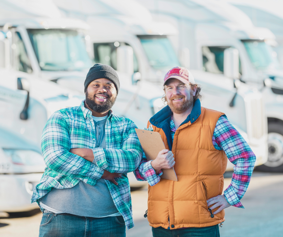 Fleet managers in front of semi truck fleet