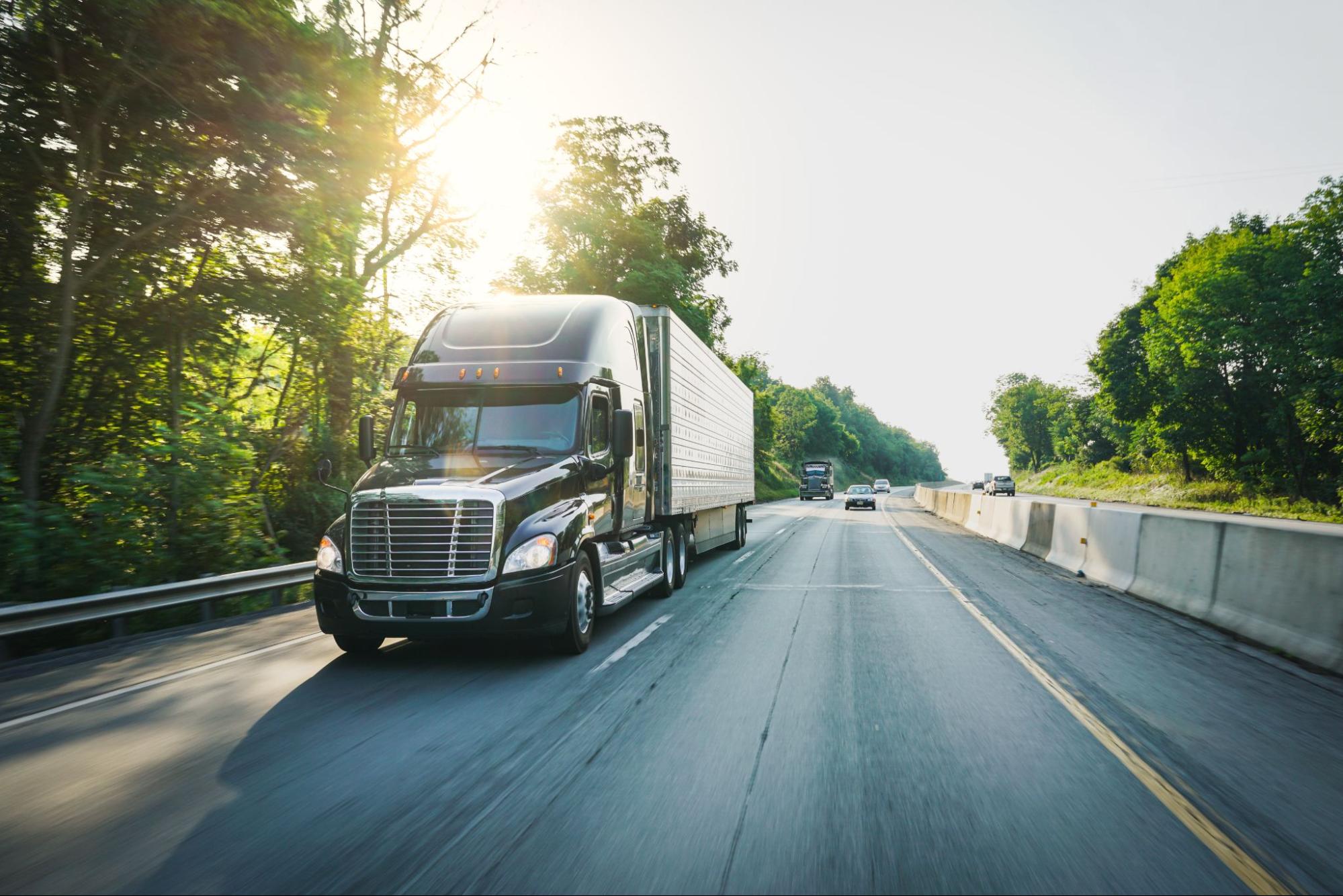 A semi truck driving on a tree-lined highway