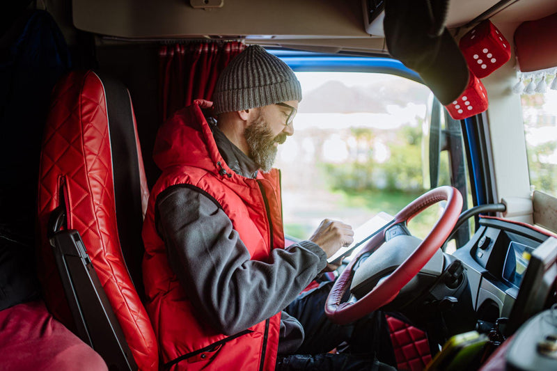 Truck driver in a semi truck using a tablet