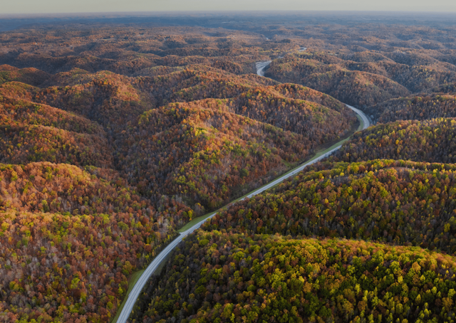 Aerial view of a winding road cutting through a vast expanse of rolling hills blanketed in vibrant autumn foliage, creating a serene and picturesque landscape.