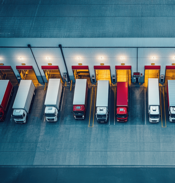 Aerial view of nine trucks backed into loading docks at a warehouse, illuminated by warm lights. The trucks, in red and white, are evenly spaced.