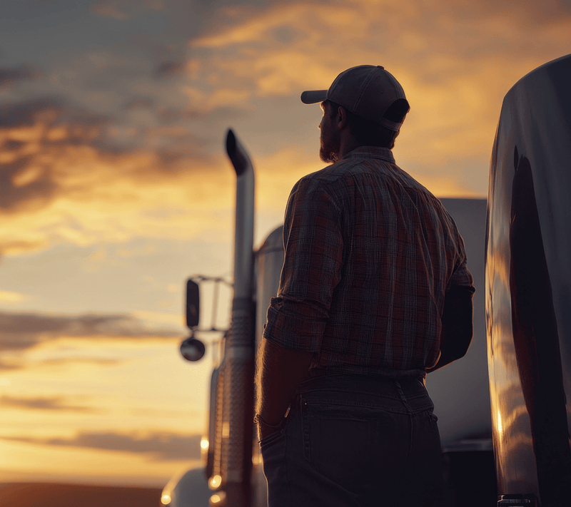 A man in a cap stands beside a truck at sunset, looking into the distance