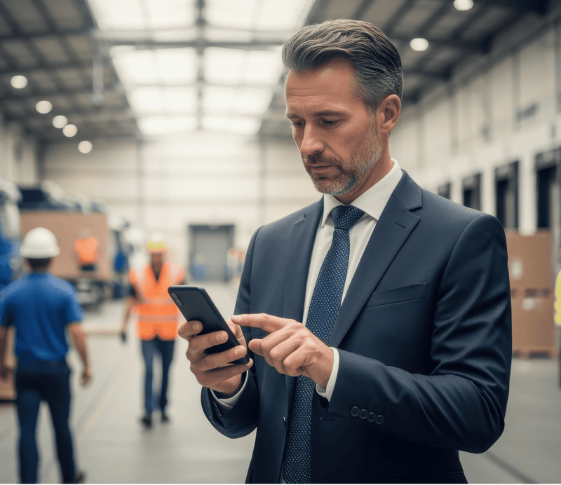 A man in a suit uses a smartphone in a large, well-lit warehouse. Workers in safety vests and helmets work in the background.