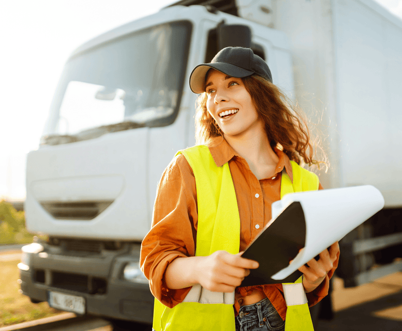 Smiling woman in a yellow safety vest and cap holds documents in front of a white truck.