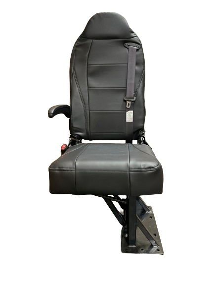 Single Bellagio Foldaway Bus Seat in Black Ultra Leather with 3PT Belts, RH Arm & CRS Hooks - Street Side