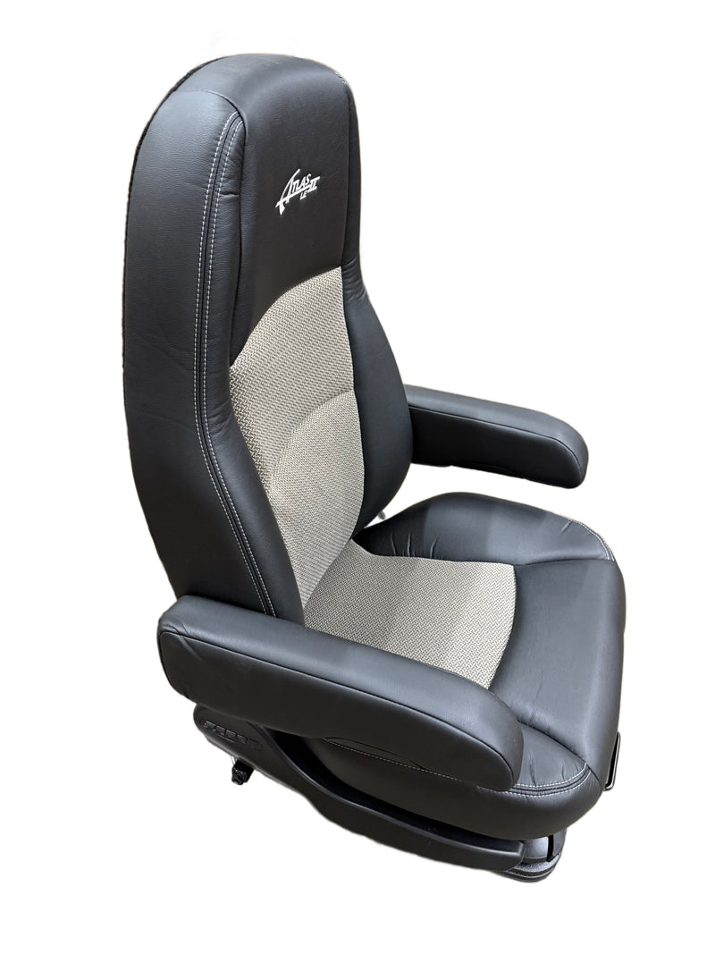 Sears Atlas II LE Truck Seat in Black Ultra Leather & Wheat Confetti Cloth with Heat, Cooling & Dual Arms