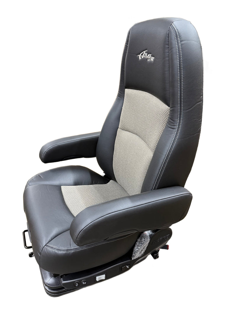 Sears Atlas II LE Truck Seat in Black Ultra Leather & Wheat Confetti Cloth with Heat, Cooling & Dual Arms