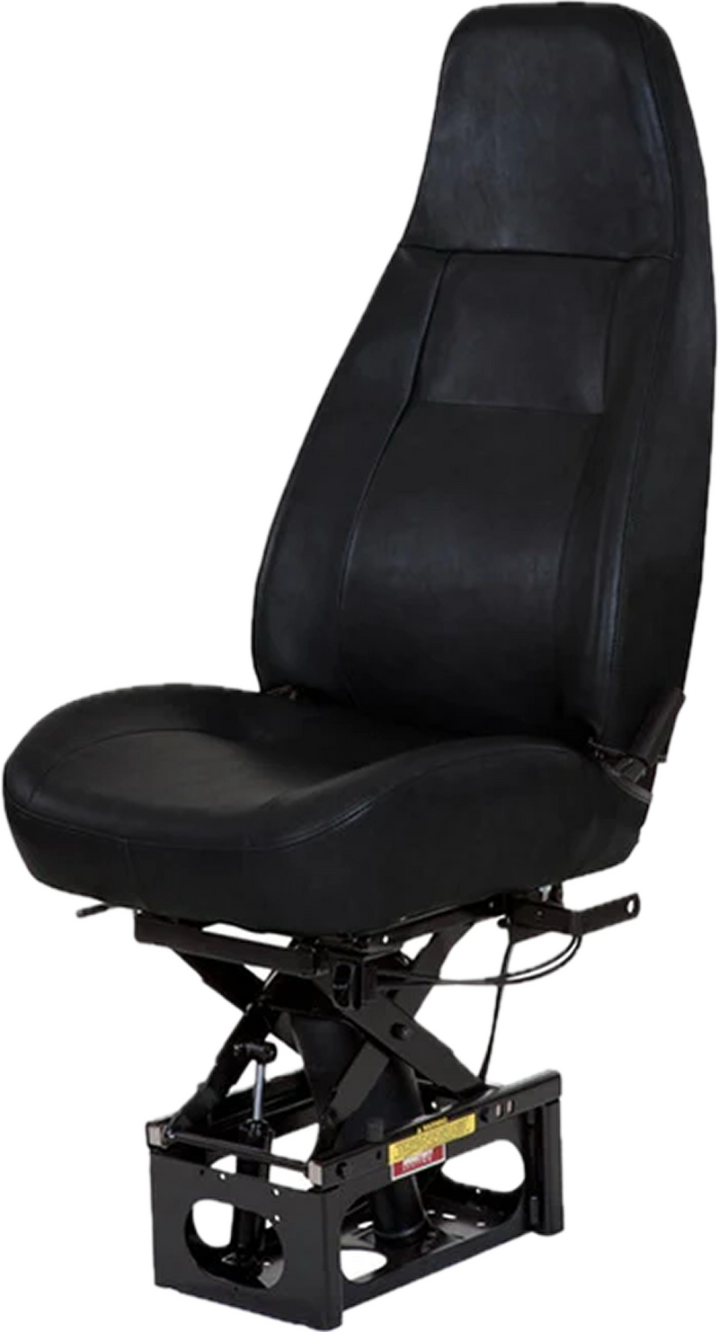 A black ergonomic truck seat with a high backrest, set against a blank background