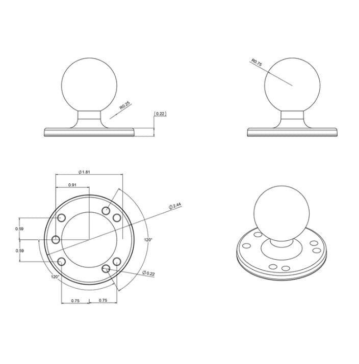 RAM® Round Plate with Ball - C Size - P/N: RAM-202U