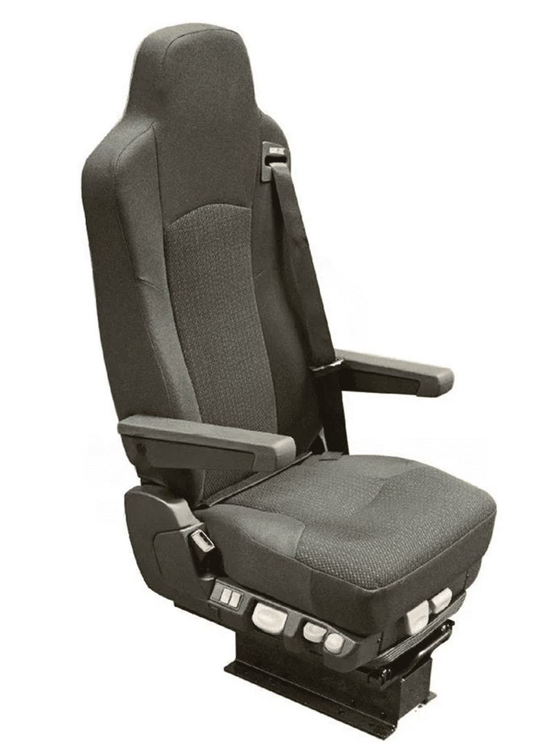 Black ergonomic truck driver seat with armrests and built-in seatbelt, designed for comfort