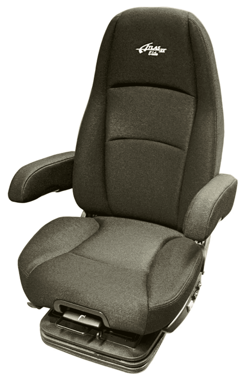 Comfortable black truck seat with padded armrests and ergonomic cushioning, featuring embroidered logo on the headrest.