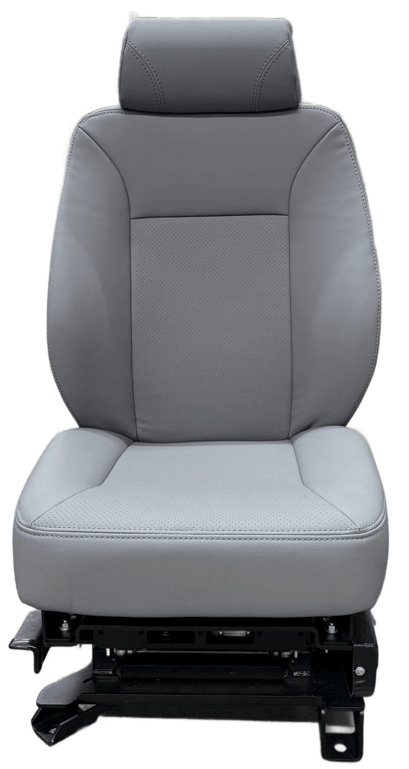 A gray truck driver seat with a smooth, ergonomic design