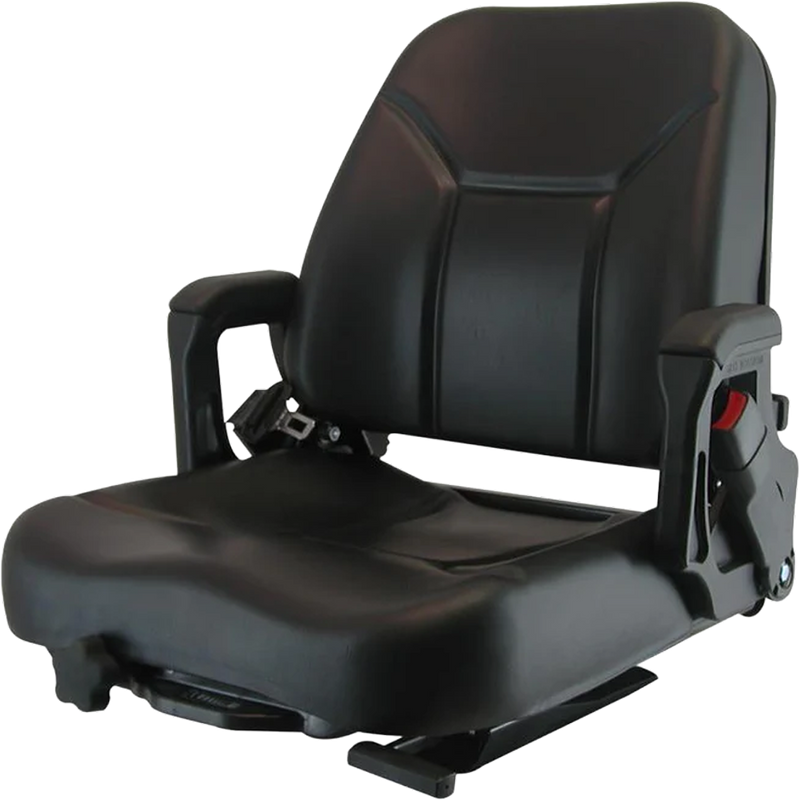Black ergonomic vehicle seat with a high backrest and armrests, featuring a red adjustment lever on the side.