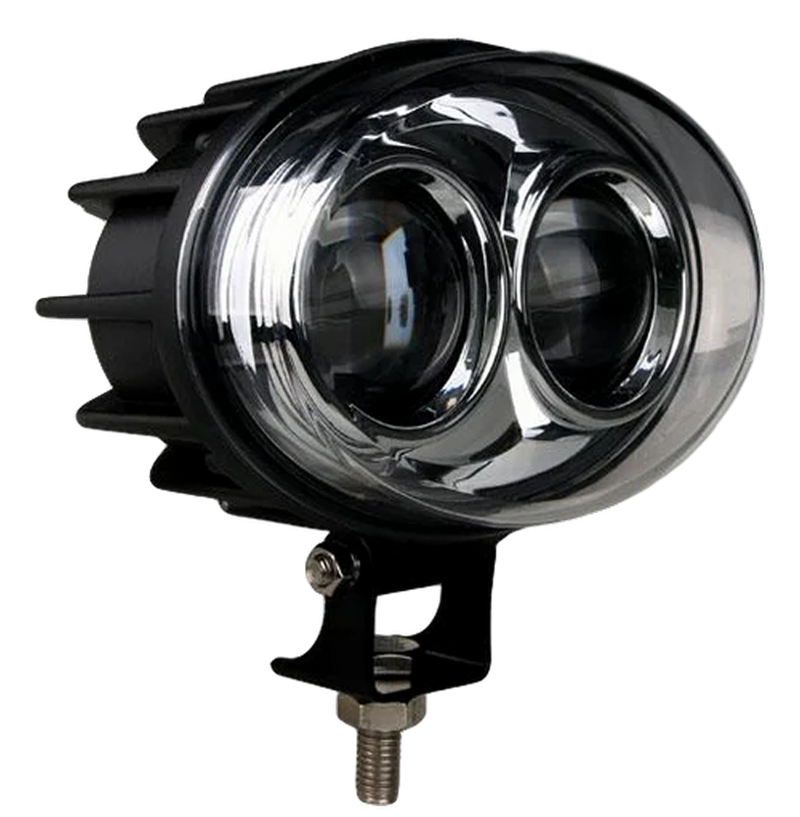 Close-up of a circular dual-lens LED light against a solid black background