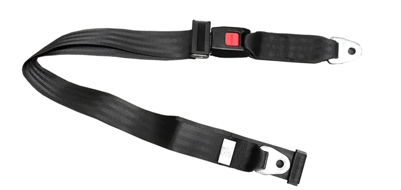 A black seatbelt with a red release button