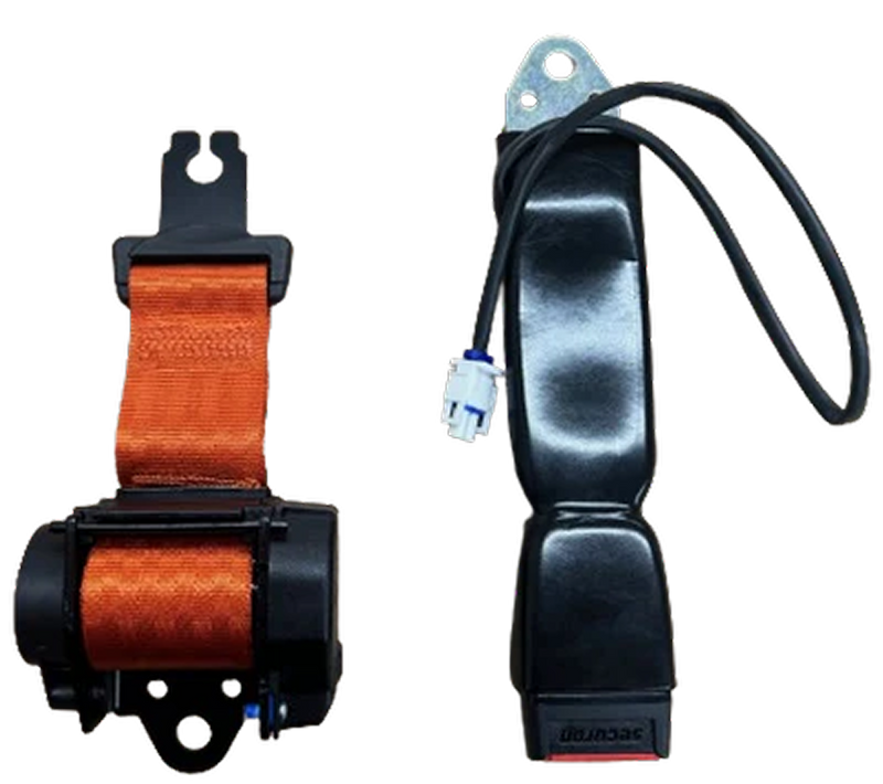 Two car seat belt components against a black background